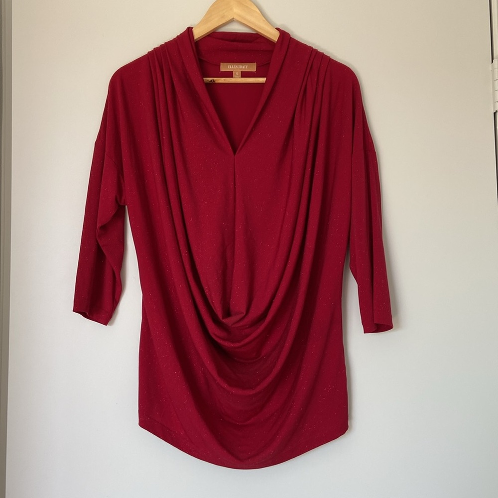 Ellen Tracy • Sparkly Red Drapey V Neck Top